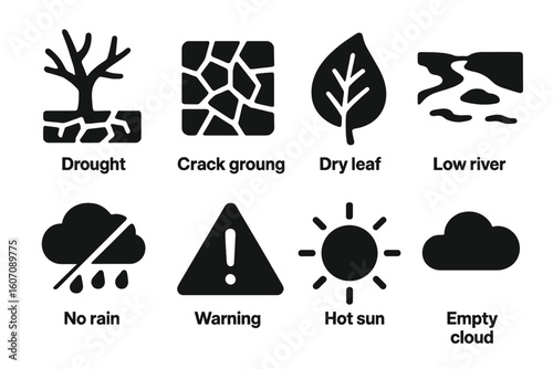 Drought icons: cracked ground, dry leaf, low river, no rain, warning signs