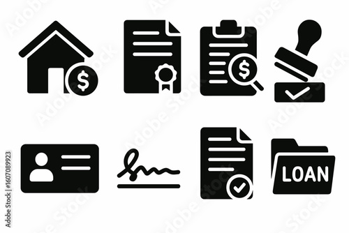 Financial document icons: loan, mortgage, contract, approval symbols