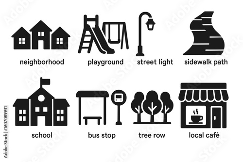Community icons featuring neighborhood, playground, school, and local café