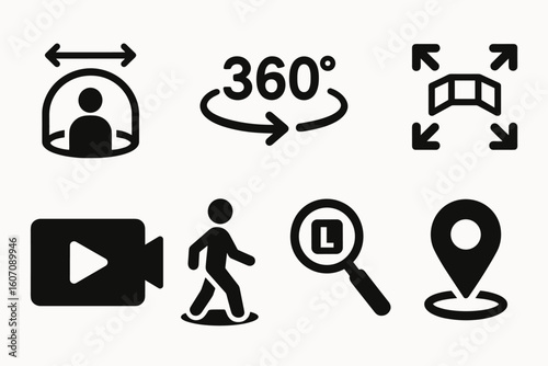 Virtual reality and navigation icons including 360 degree view and location