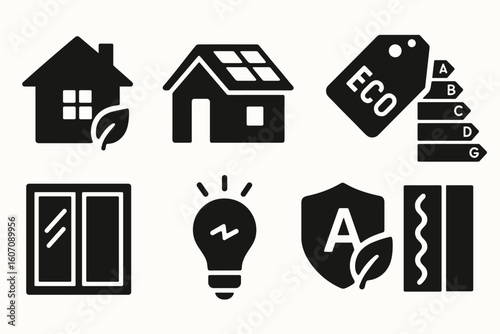 Sustainable home design icons featuring eco-friendly elements and energy efficiency symbols