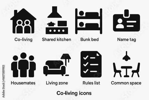 Co-living icons: shared kitchen, bunk bed, housemates, living zone, common space