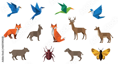 Geometric animal collection: stylized birds, insects, and mammals in low poly art