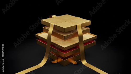 Unpacking 3D golden gift boxes stacked