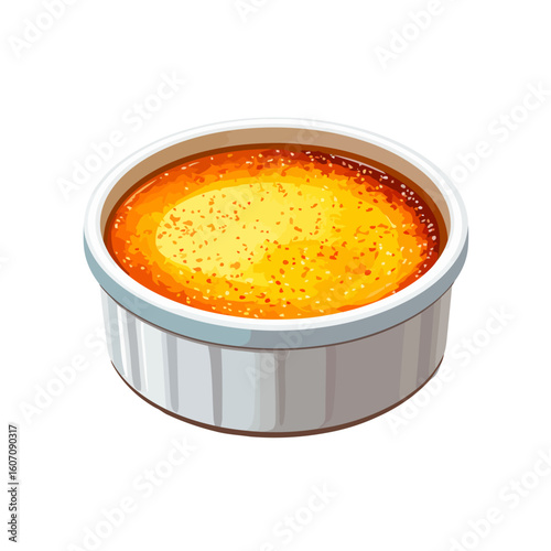 Golden caramelized cr?me br?l?e dessert served in a classic white ribbed ramekin.