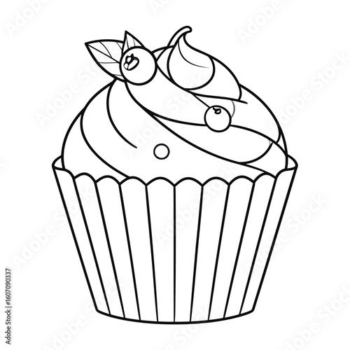 Outline drawing of a cupcake with swirled frosting, blueberries, and a mint leaf garnish.