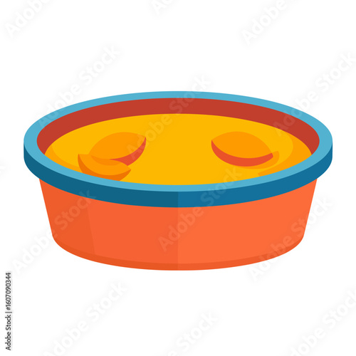 Isometric cartoon bowl of yellow soup with fruit slices. Orange dish with a blue rim, vector illustration of a healthy meal.