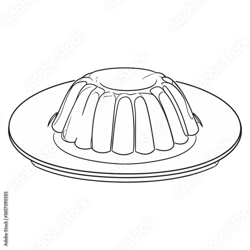 Monochrome line art of a wobbly gelatin dessert in a classic fluted mold shape, served on a simple round plate.