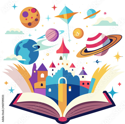  A book opening up with magical elements like stars, planets, castles, and animals coming out, symbolizing imagination