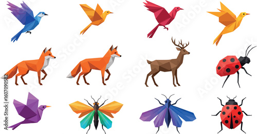 Geometric animals collection featuring birds, foxes, deer, and butterflies