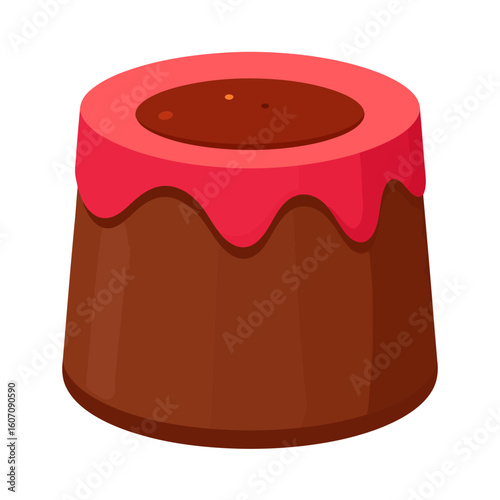 A delicious chocolate pudding cake with a vibrant pink glaze dripping down its sides and a rich chocolate filling.