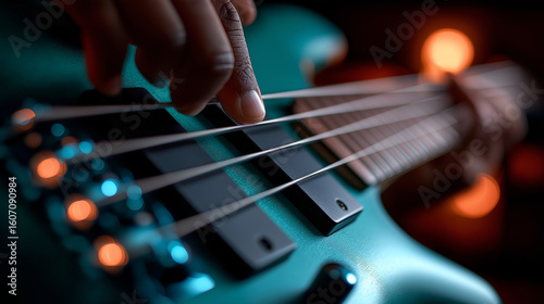 Musiker spielt E-Bass mit dramatischen blauen und orangen Lichteffekten im Dunkeln