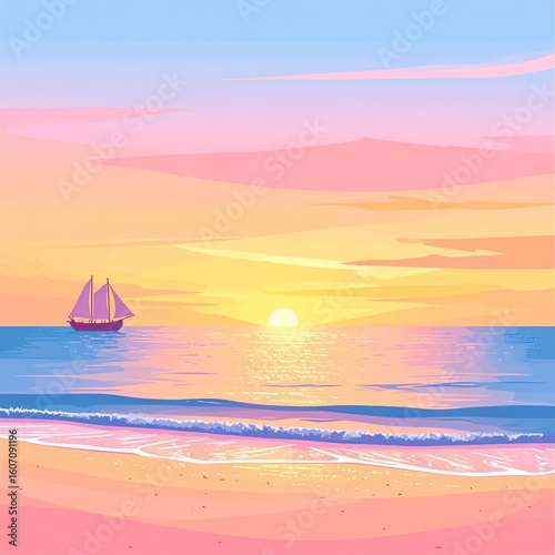 Sunset at sea with a sailing ship. Illustration and graphics in shades of pink, orange, and blue.