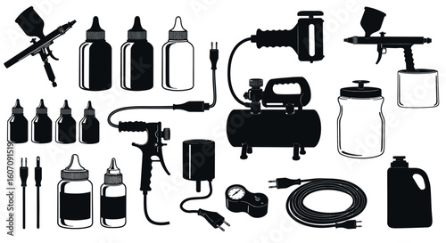 Tattoo equipment collection: silhouette of guns, bottles, power supplies, and cords