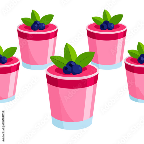 A vibrant pink berry mousse dessert in a glass, garnished with fresh blueberries and mint.