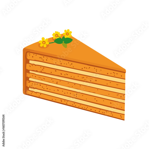 Slice of a multi-layered honey sponge cake with cream filling, garnished with small yellow flowers and mint leaves.