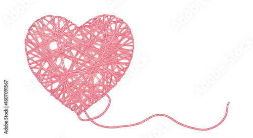 Heart shaped yarn design: intricate pink thread art on white background