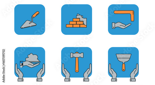 Construction tools icons: trowel, bricklaying, hammer, and more in flat design