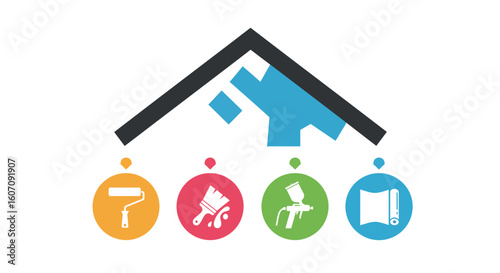 Home renovation tools under roof icon: paint roller, brush, spray gun, wallpaper in flat design
