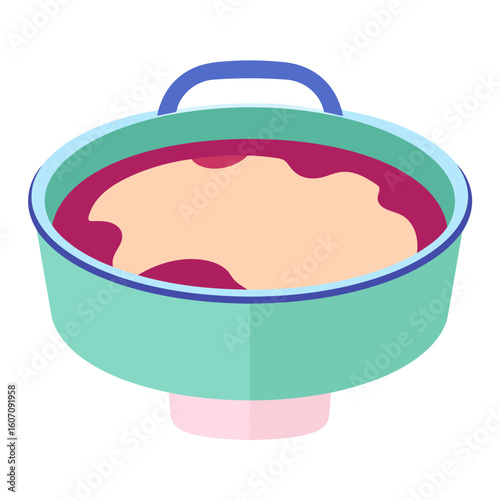 A colorful mint green bowl with a blue handle, filled with a creamy beige food in a purple liquid.