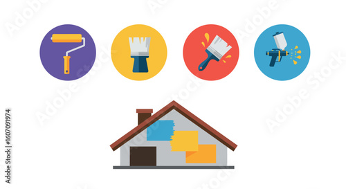 Home renovation tools with paint accessories in colorful circular icons