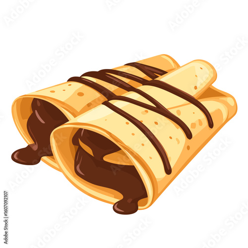 Two delicious rolled crepes filled with gooey chocolate and drizzled with sauce.