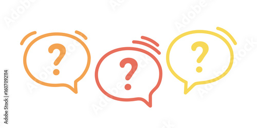 Three line colorful speech bubble icons with question marks. Concept of asking frequent questions or communication. FAQ and solution. Vector flat illustration