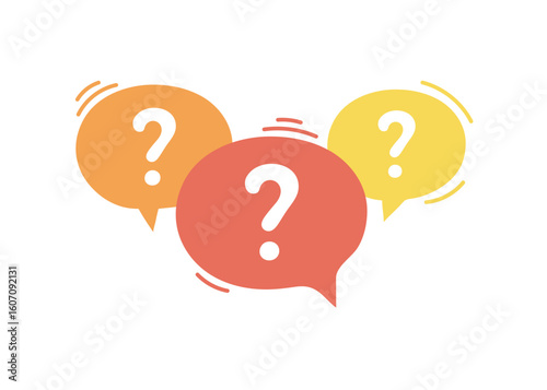 Three colorful speech bubble icons with question marks. Concept of asking frequent questions or communication. FAQ and solution. Vector flat illustration