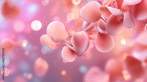 Zarte rosa Blütenblätter schweben vor unscharfem Hintergrund mit warmem Bokeh-Lichteffekt