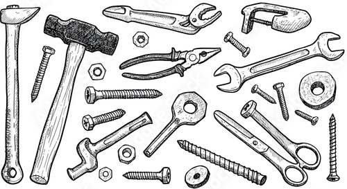Hand-drawn set of vintage tools with hammer, screws, and wrench