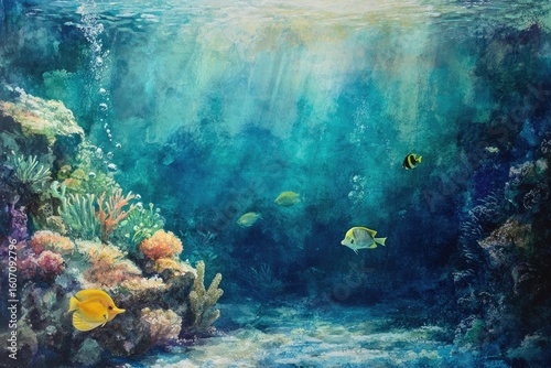Vibrant tropical underwater world with colorful marine life and coral reefs during tranquil sunlit afternoon. Playful fish gliding through warm waters, illuminated by rays of sunshine, aquatic life