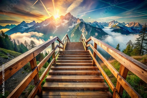 Mindfulness Staircase: Double Exposure of Sharp Steps and Blurred Mountain Peaks
