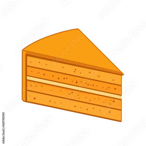 A delicious slice of multi-layered orange sponge cake with a creamy filling.