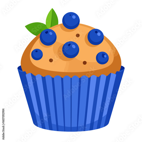 Cartoon blueberry muffin with fresh berries and mint garnish in a blue paper liner.