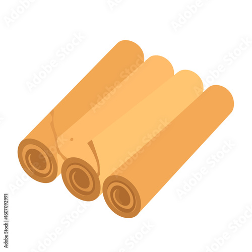 Four golden brown Asian spring rolls arranged diagonally. A crispy, fried appetizer illustration.
