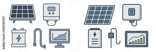 Solar energy technology components showing panels, inverters, batteries, and monitoring systems for efficient power generation