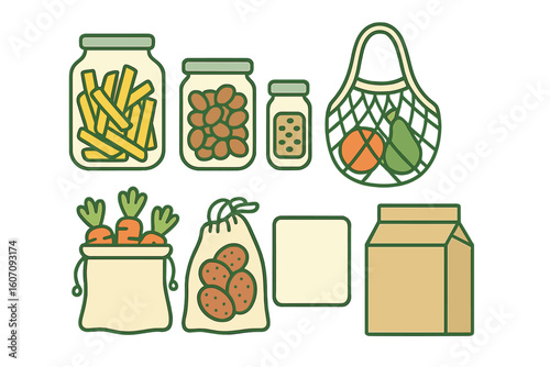 Illustrative collection of fresh produce and packaged goods displayed in a simple design style