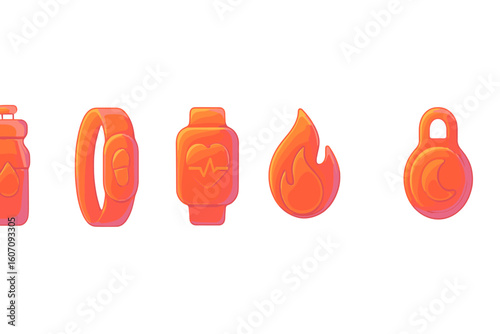 Collection of modern fitness and health related icons in vibrant orange color design on a white background
