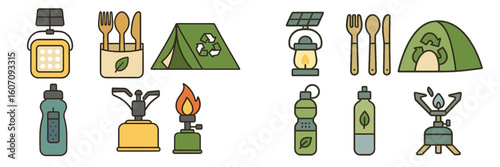 Camping gear collection featuring eco-friendly tools for outdoor adventures in a natural setting