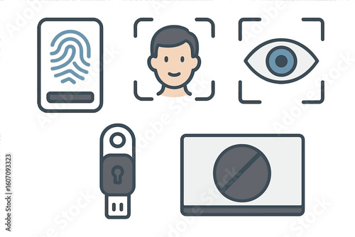 Security technology icons representing biometric identification, data protection, and secure access controls in modern systems
