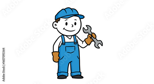 Cartoon mechanic character holding wrench in blue overalls