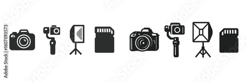 Various types of cameras and photography equipment arranged in a modern, minimalistic style for creative projects and visual storytelling