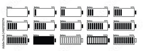 Battery Charging Progress Illustrated in 15 Vector Stages with Flattened Numeric Details on White Background for Clean Power and Energy Theme