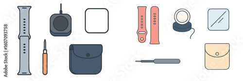 Variety of accessories and tools for smartwatch customization and maintenance displayed on a clean surface