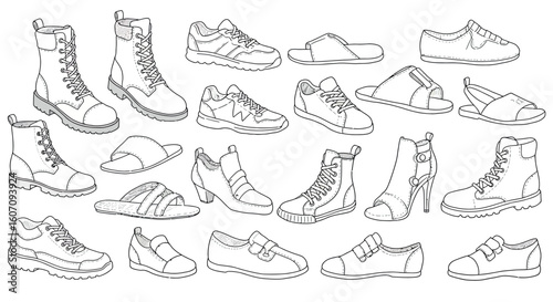 Hand-drawn footwear collection featuring diverse styles and designs