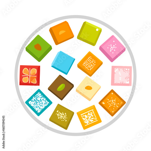 Colorful assortment of square oriental sweets on a round plate. Vector illustration of traditional confections with various nut and seed toppings.