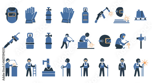 Industrial safety equipment and welding icons in flat style