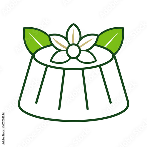 Stylized panna cotta dessert icon with a vanilla flower and fresh mint leaf garnish.