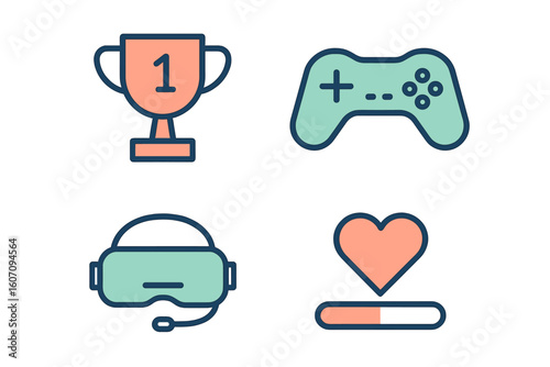 Gaming icons representing competition, virtual reality, and player engagement in a colorful and modern design