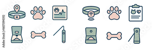 Pet technology icons showcasing modern tools for monitoring and caring for animals at home